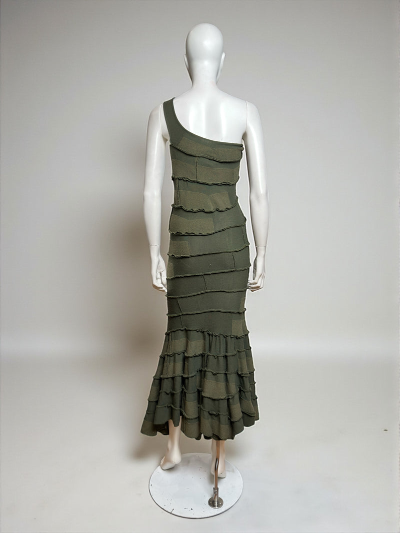 Olive tiered one-shoulder maxi dress by Junya Watanabe, F/W 2006, hem detail