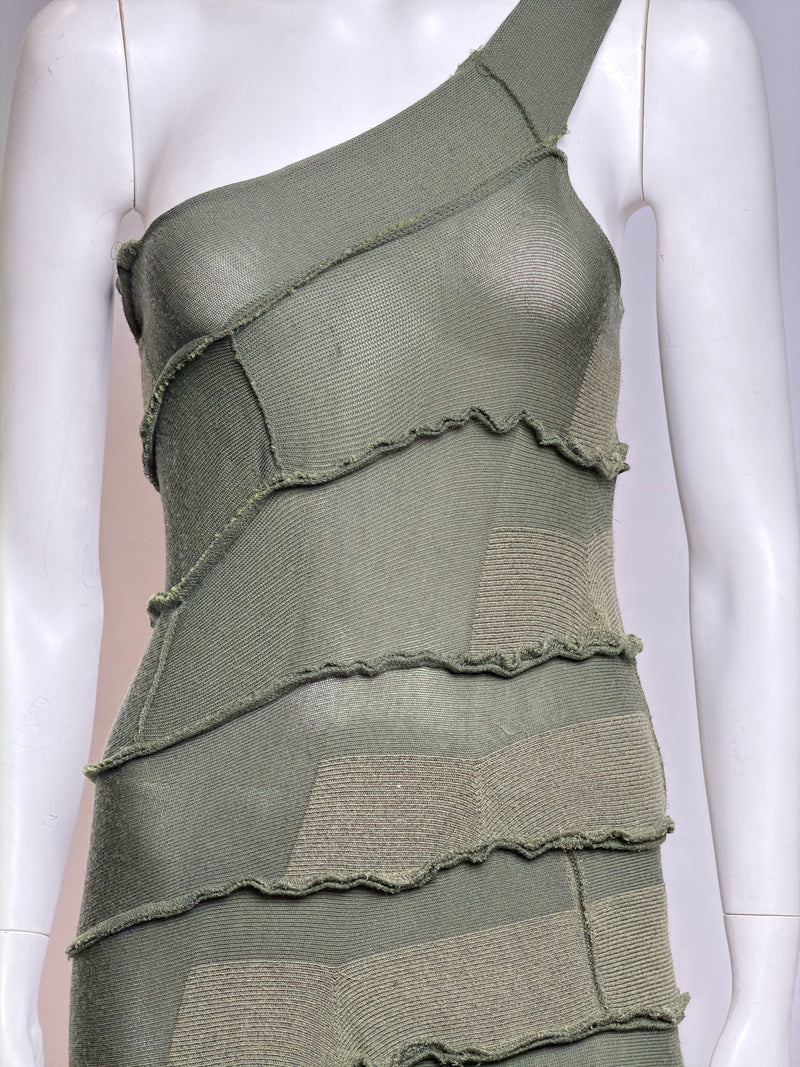 Olive tiered one-shoulder maxi dress by Junya Watanabe, F/W 2006, side profile