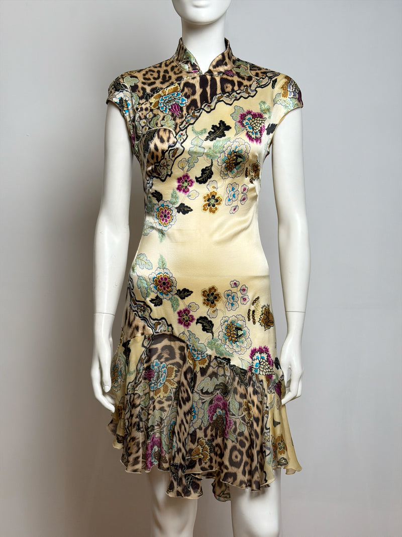 Yellow silk cheongsam mini dress by Roberto Cavalli, mandarin collar with leopard and floral print