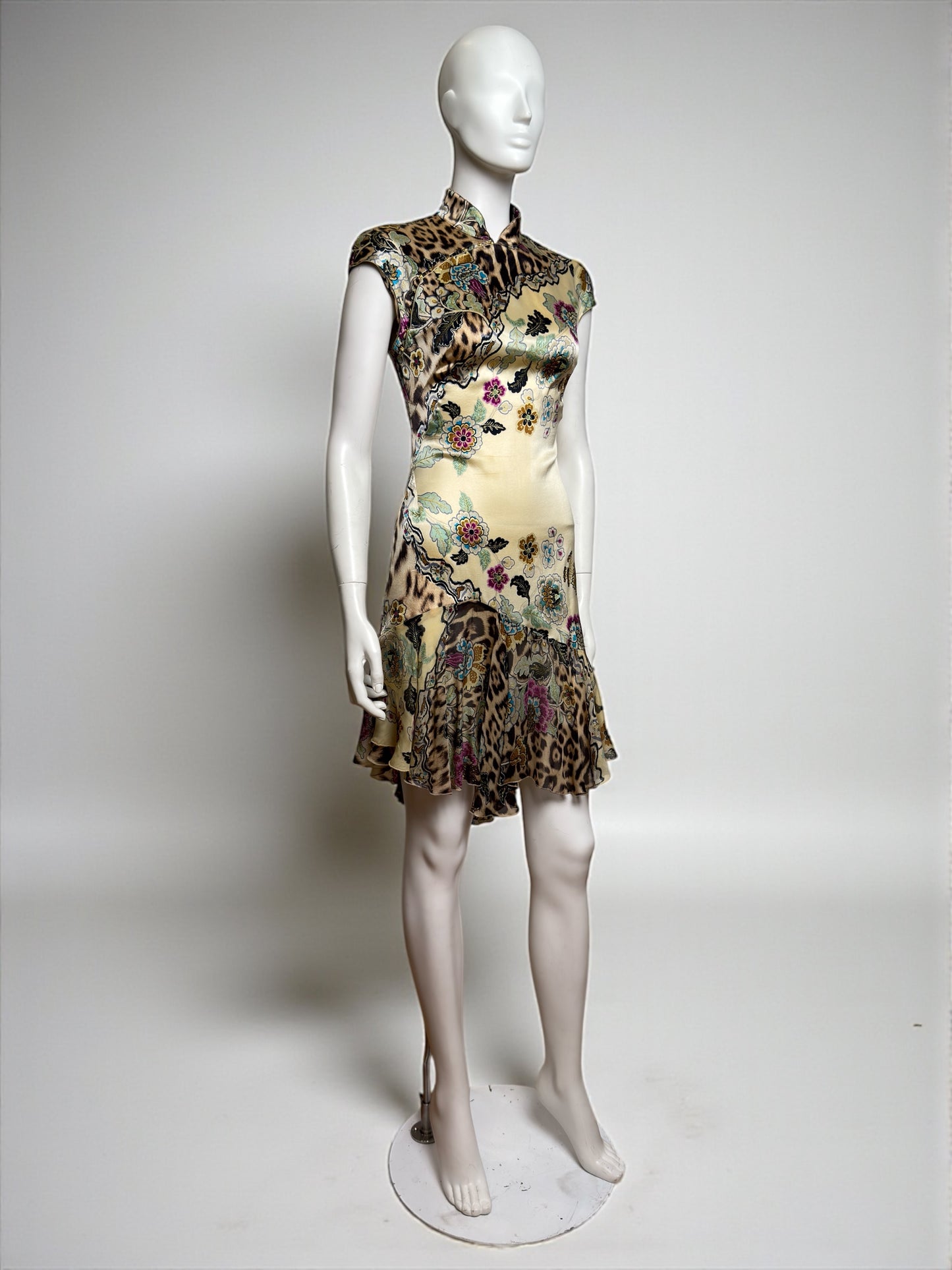 Roberto Cavalli S/S 2003 Cheongsam Chinoiserie Yellow Silk Mini Dress