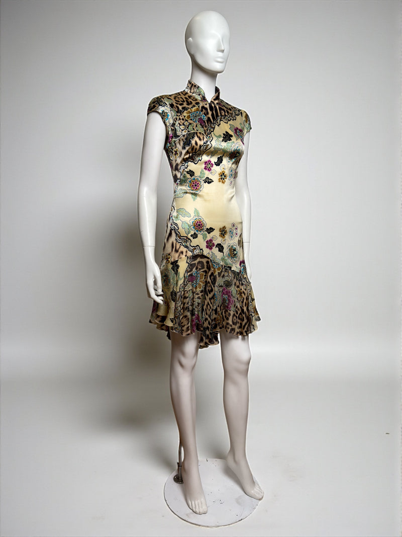 Yellow silk cheongsam mini dress by Roberto Cavalli, leopard and floral collage print detail