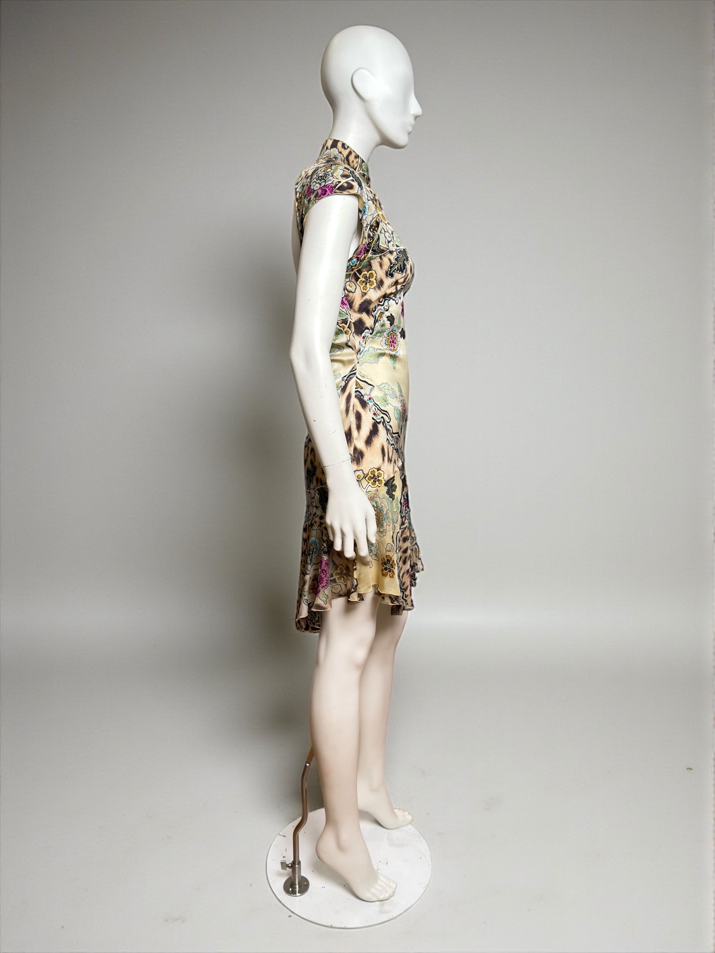Roberto Cavalli S/S 2003 Cheongsam Chinoiserie Yellow Silk Mini Dress