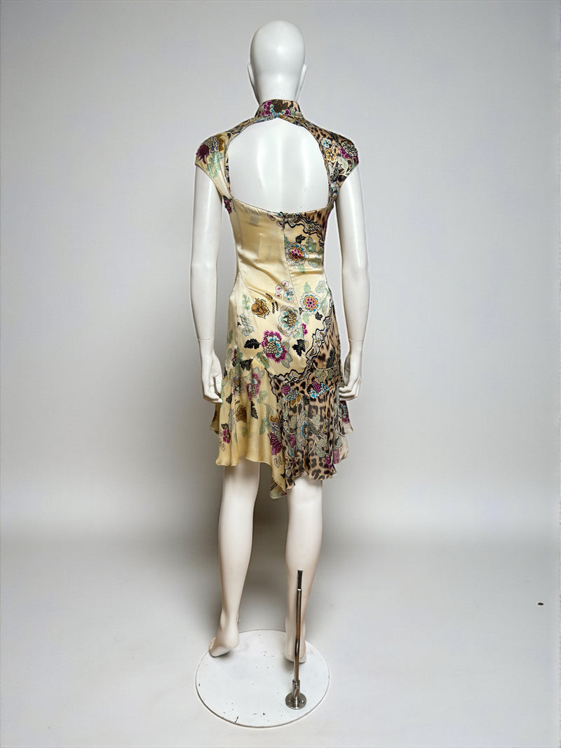 Yellow silk cheongsam mini dress by Roberto Cavalli, hem and draping detail