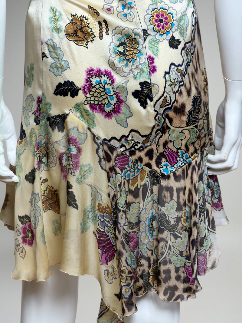 Yellow silk cheongsam mini dress by Roberto Cavalli, full-length styling view