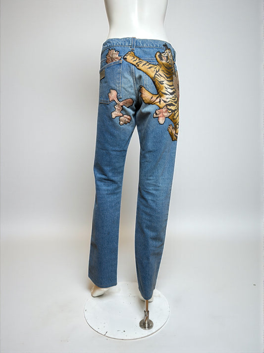 Chloé by Phoebe Philo F/W 2003 Tiger and flowers Collage Appliqué Denim Jeans