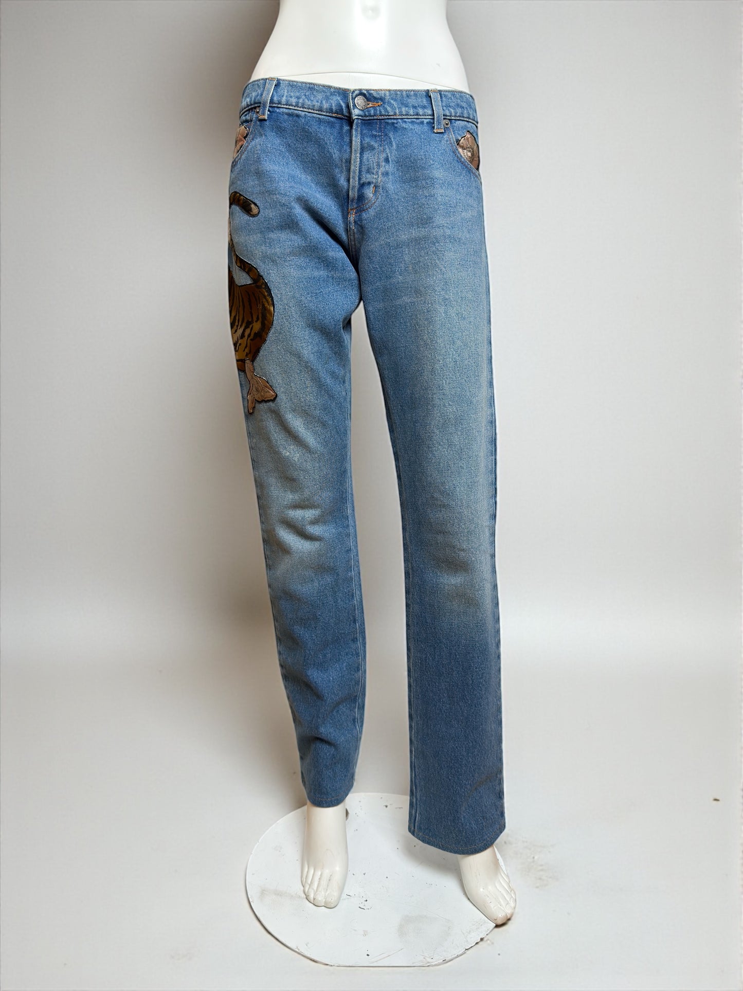 Chloé by Phoebe Philo F/W 2003 Tiger and flowers Collage Appliqué Denim Jeans