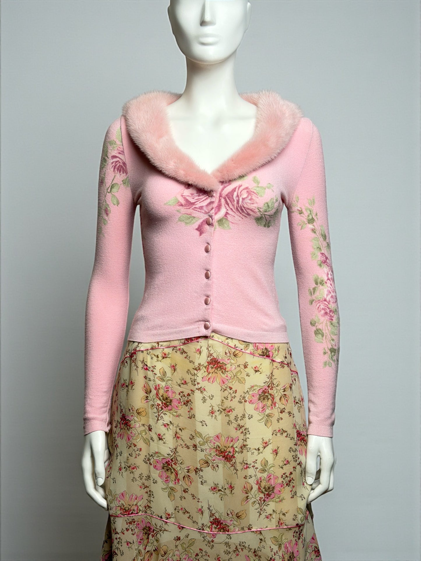 Blumarine F/W 1999 Pink Fur-Trim Cardigan and Floral Chiffon Skirt Ensemble