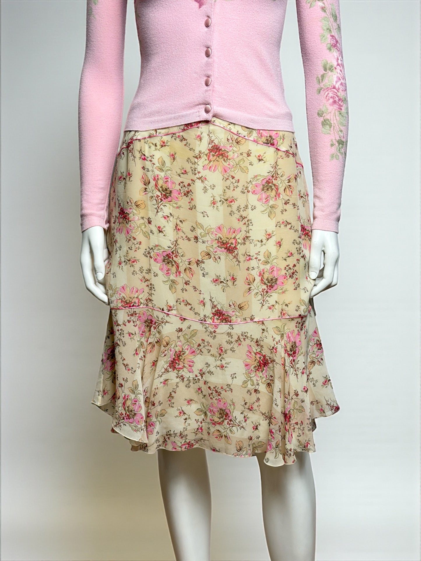 Blumarine F/W 1999 Pink Fur-Trim Cardigan and Floral Chiffon Skirt Ensemble