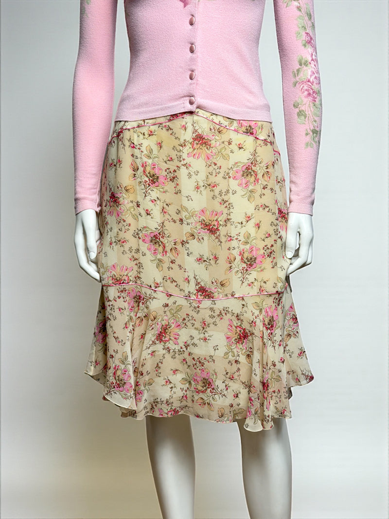 Pink cardigan with fur trim by Blumarine, side view showing sleeve and waistline