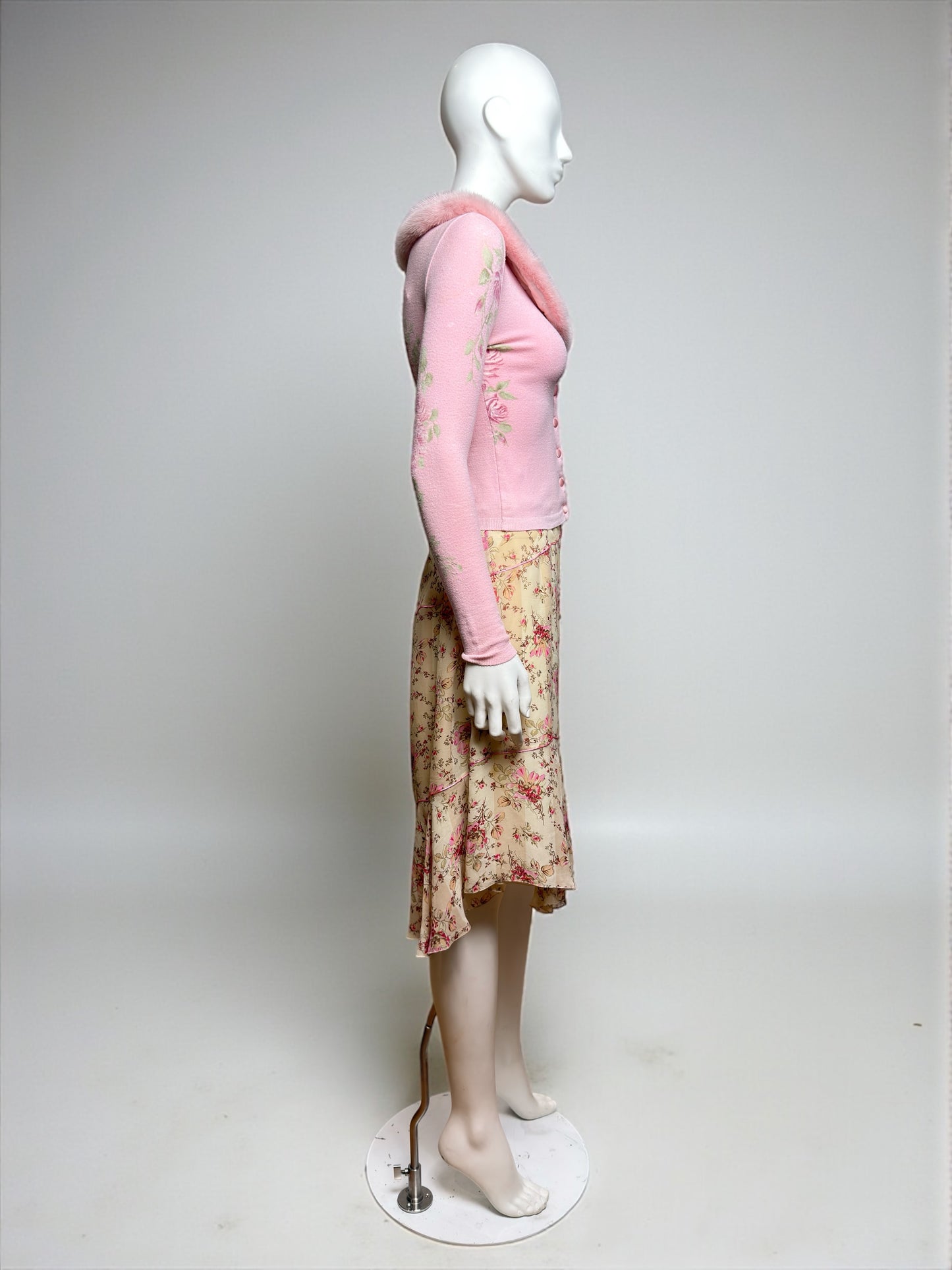 Blumarine F/W 1999 Pink Fur-Trim Cardigan and Floral Chiffon Skirt Ensemble