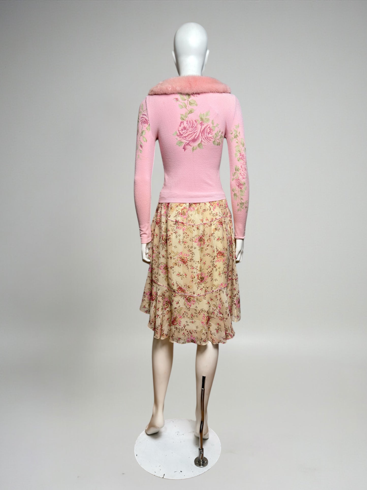 Blumarine F/W 1999 Pink Fur-Trim Cardigan and Floral Chiffon Skirt Ensemble