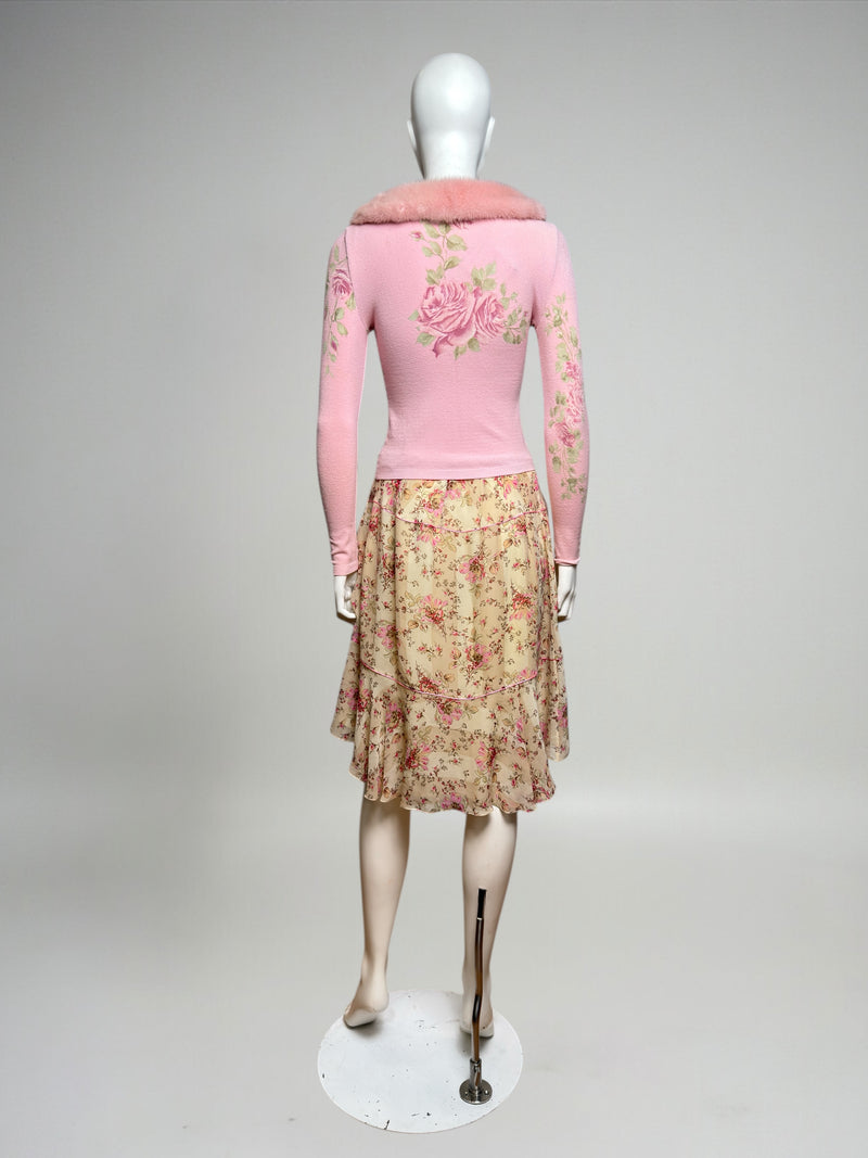 Floral chiffon skirt by Blumarine, side view showing skirt construction