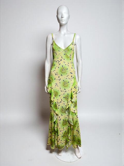 John Galliano S/S 2003 "Indian Summer" Green Lotus Jersey Tiered Ruffles Dress