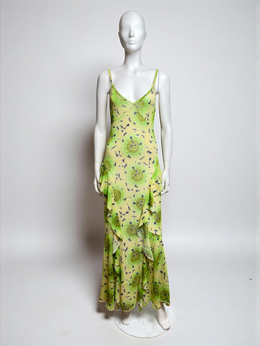 John Galliano S/S 2003 "Indian Summer" Green Lotus Jersey Tiered Ruffles Dress