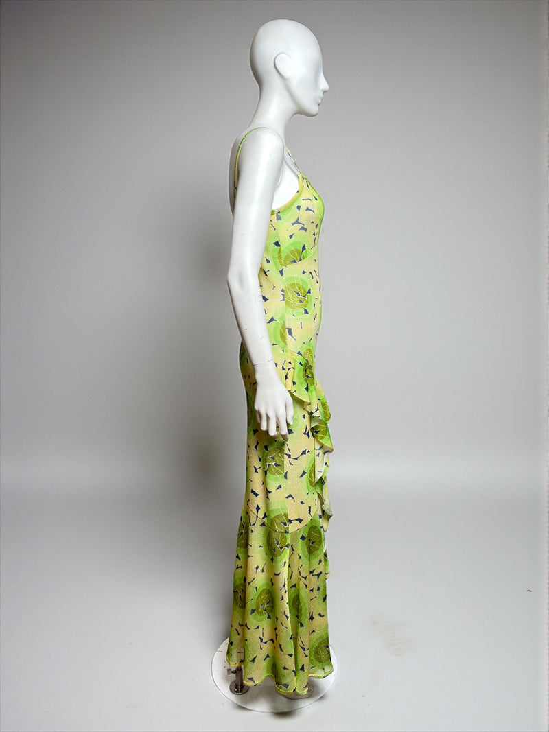 John Galliano sample dress front view with flounced ruffle panels in green lotus print
