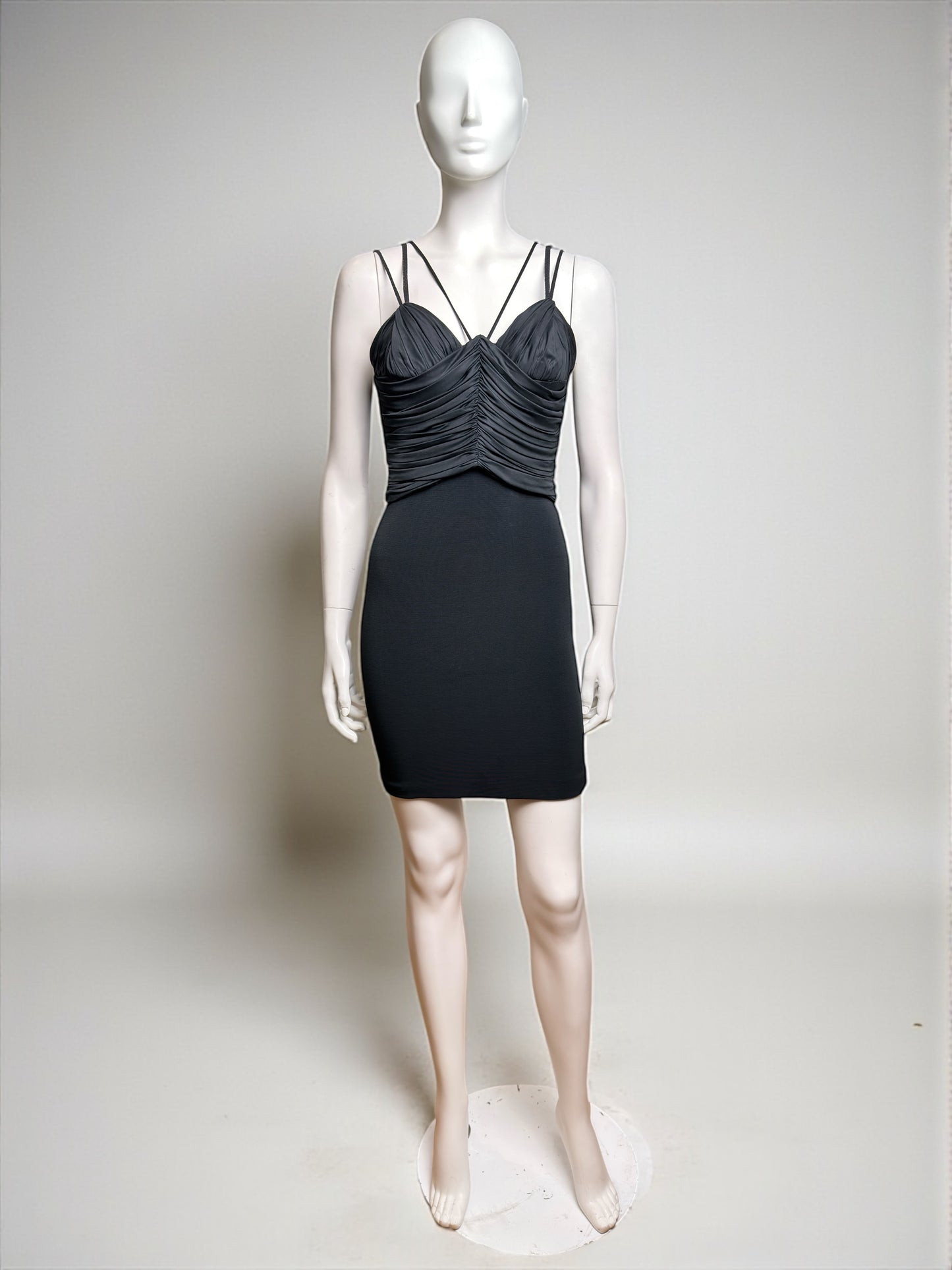 Gianni Versace S/S 1995 Iconic Black Ruched Bodyon Stretch Strap Mini Dress