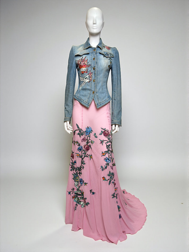 Blue denim jacket by Roberto Cavalli with embroidered tattoo-style motifs, S/S 2003