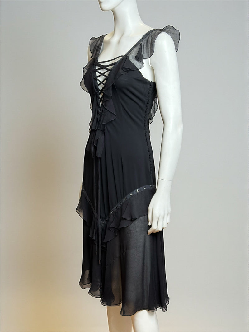 Black silk bondage lace mini dress by Christian Dior, John Galliano S/S 2003, lace detail