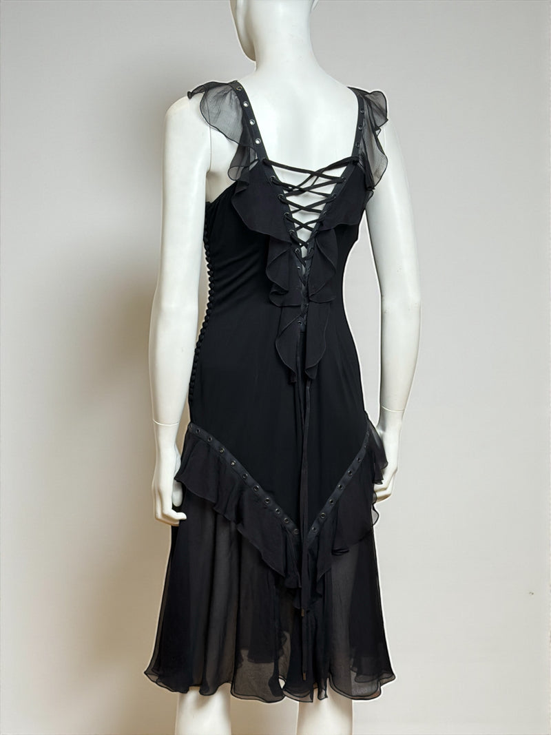Black silk bondage lace mini dress by Christian Dior, John Galliano S/S 2003, fold detail