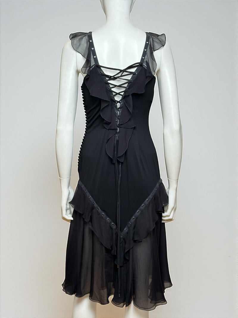 Black silk bondage lace mini dress by Christian Dior, John Galliano S/S 2003, texture close-up