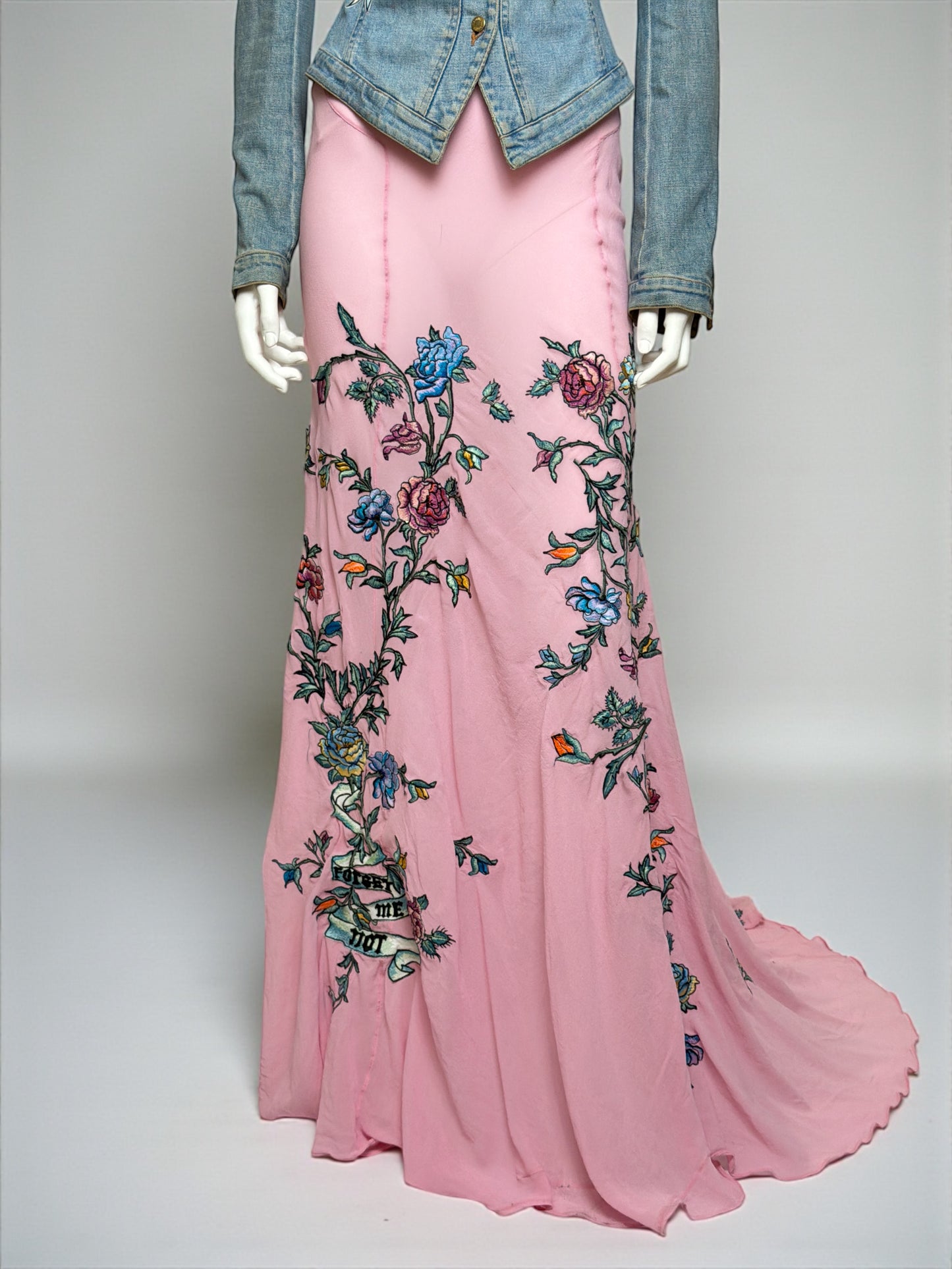 Roberto Cavalli S/S 2003 Tattoo Denim Jacket and Sheer Maxi Skirt Ensemble