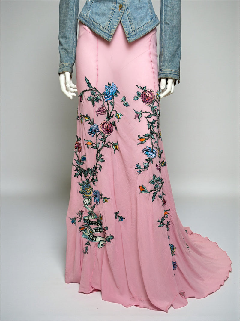 Pink sheer mesh maxi skirt by Roberto Cavalli with floral embroidery and flared hem