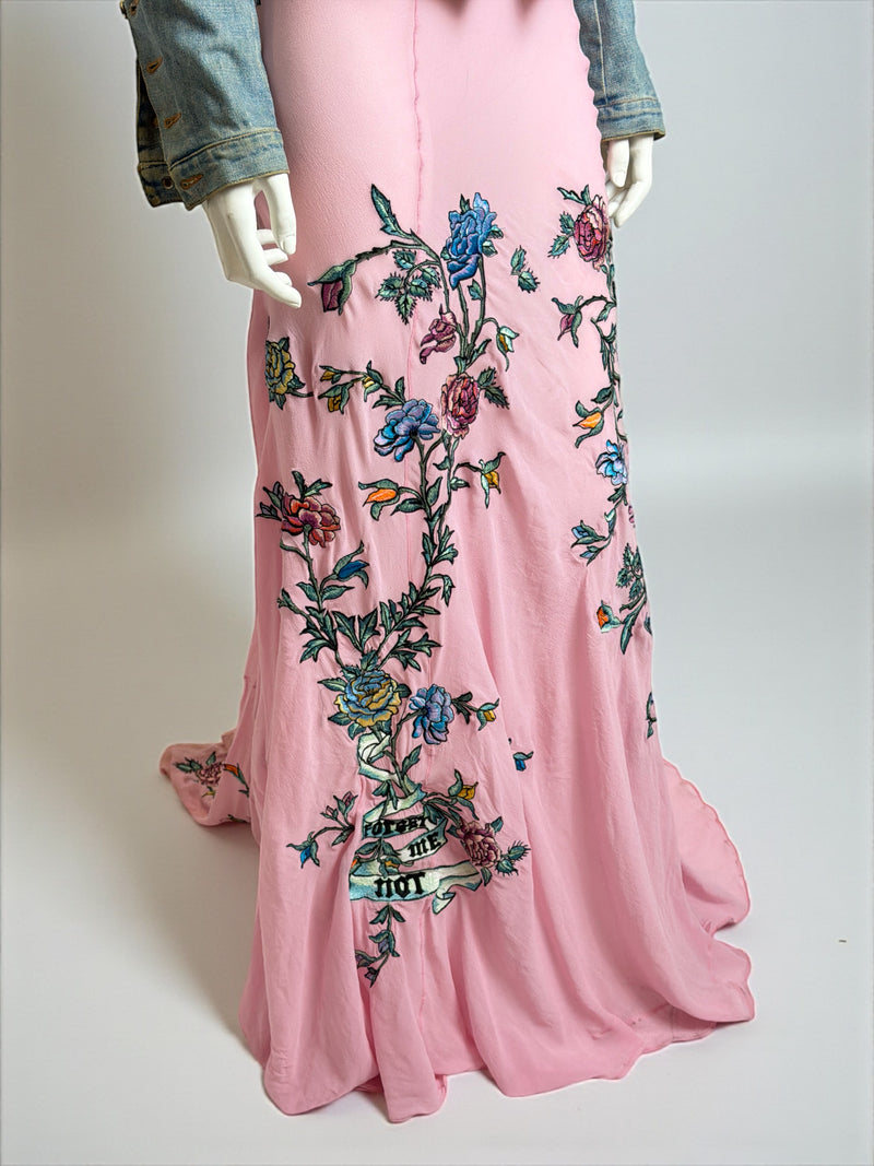 Sheer pink mesh skirt by Roberto Cavalli, mermaid cut with embroidered floral details