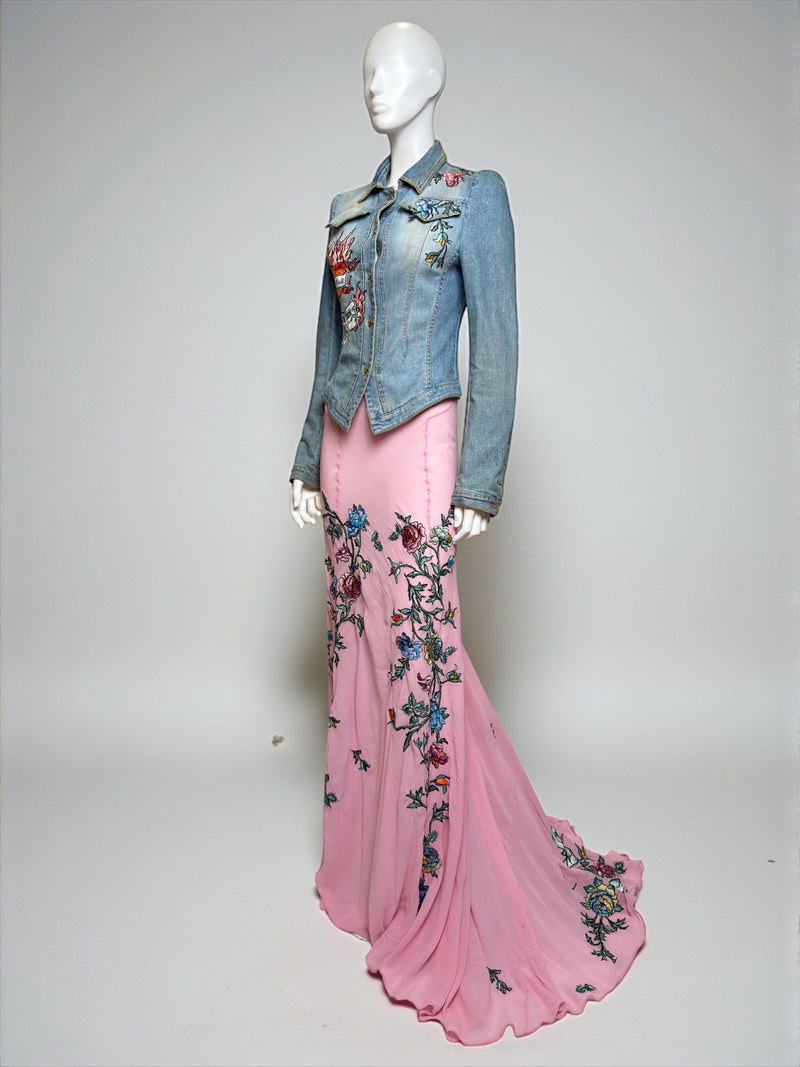 Roberto Cavalli sheer maxi skirt detail showing floral embroidery on pink mesh fabric