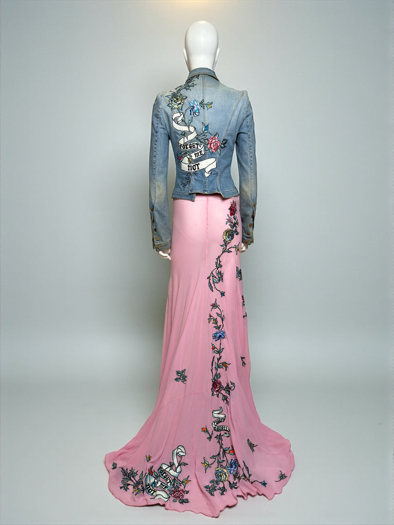 Blue washed denim jacket and pink mesh skirt ensemble by Roberto Cavalli, complete set
