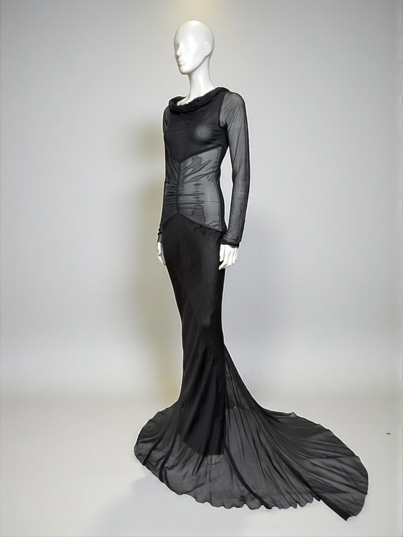 Black silk evening gown by Rick Owens S/S 2006, elongated mermaid silhouette with fluid train