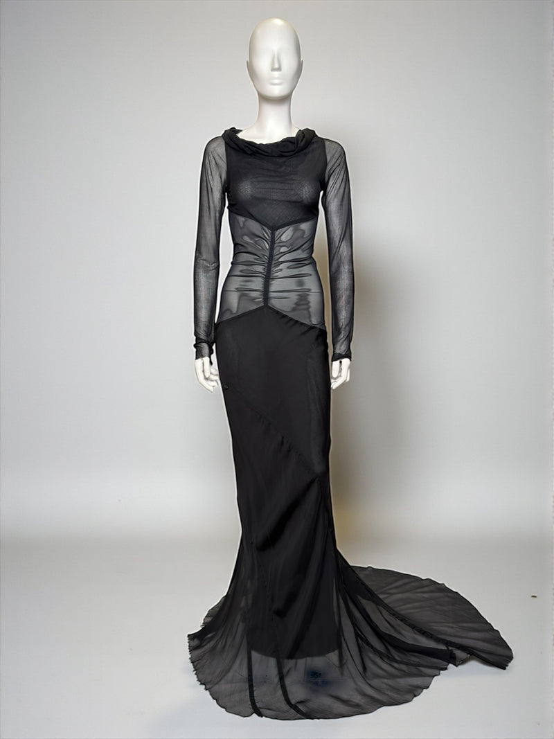 Black silk evening gown by Rick Owens S/S 2006, mermaid silhouette with draped neckline and sheer sleeves