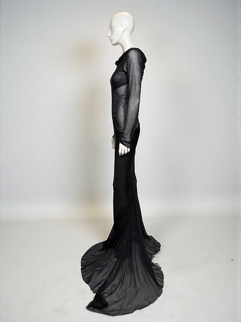 Black silk evening gown by Rick Owens, architectural silhouette with softly draped neckline