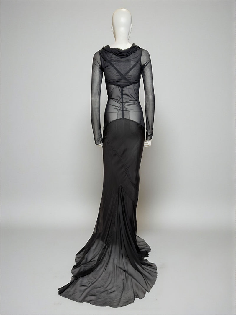 Rick Owens black silk evening gown, front view of fitted bodice and sheer sleeve construction