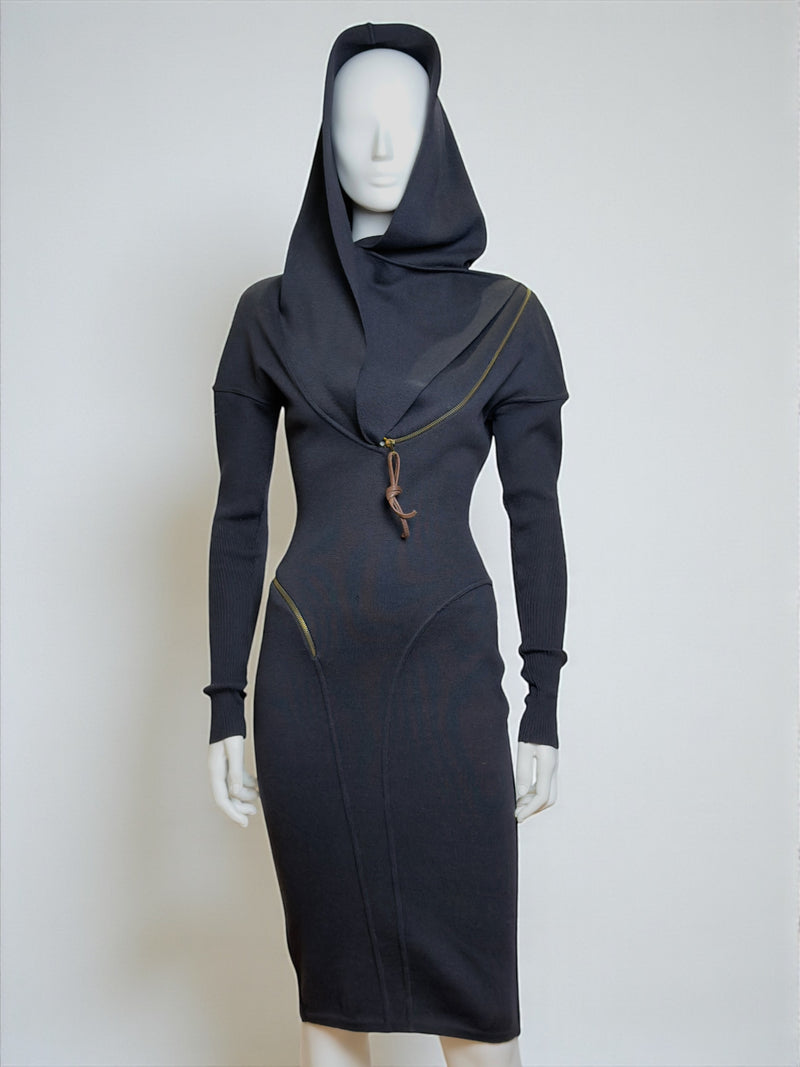 Azzedine Alaia F/W 1986 black knit hooded zipper dress front view