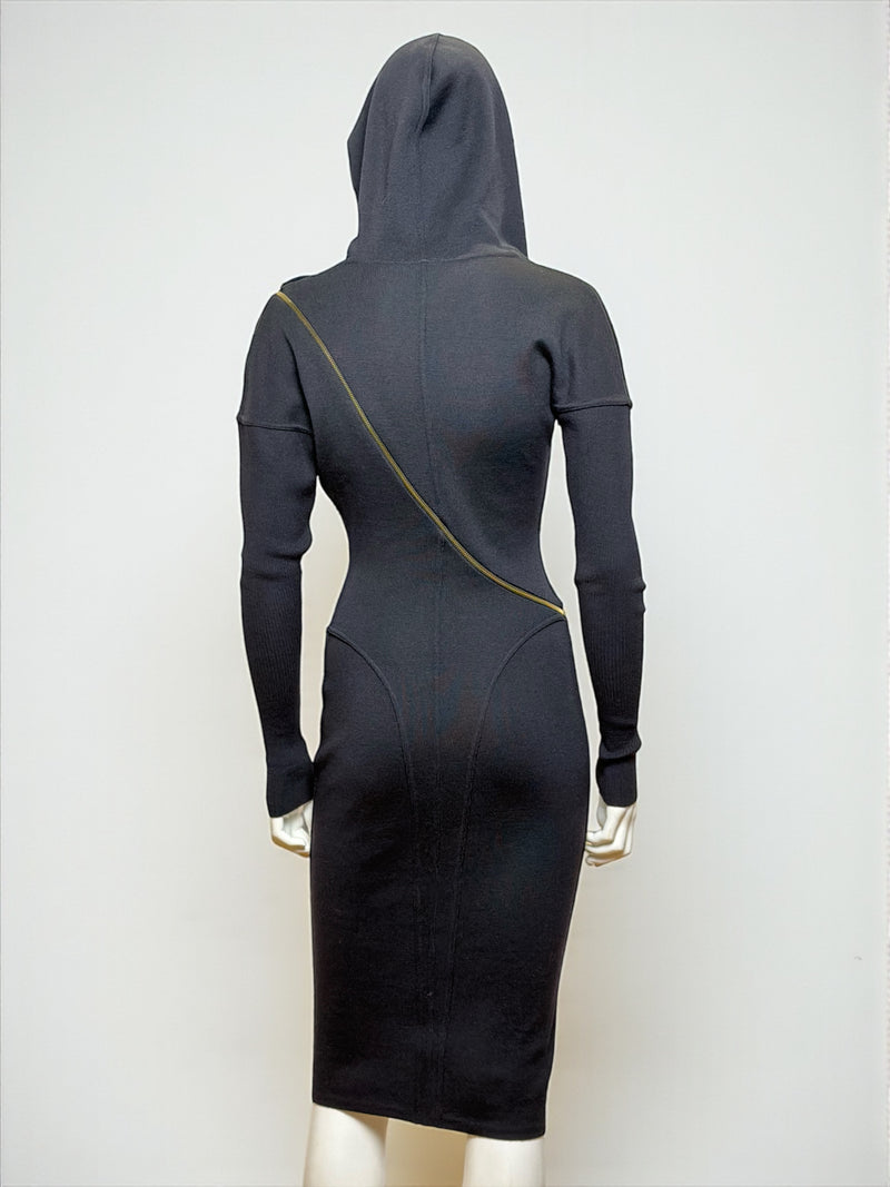 Black body-con hooded dress front closure detail