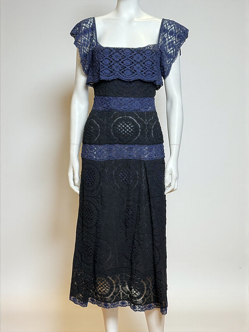 Black and blue lace corseted dress by Vivienne Westwood, S/S 2002 runway, square neckline with boned bodice