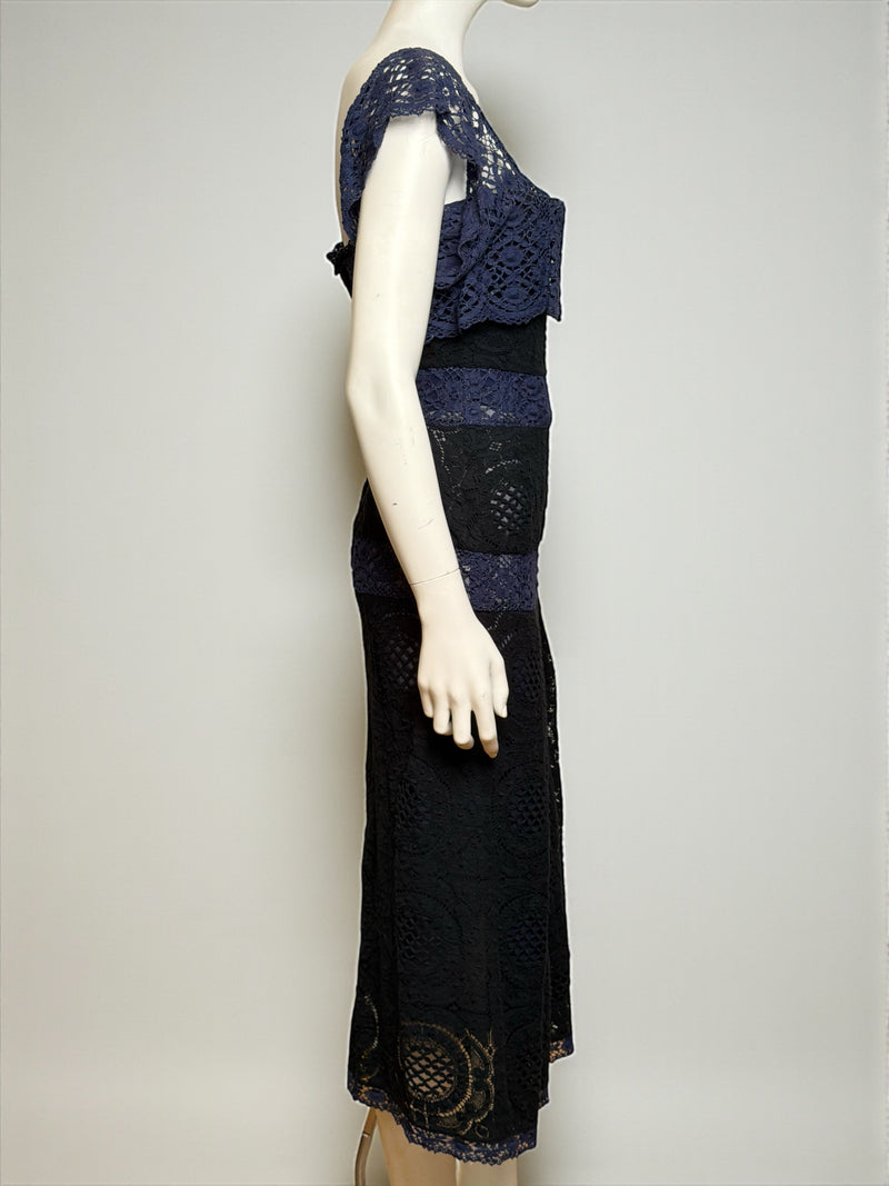 Full length view of black and blue lace dress from Vivienne Westwood S/S 2002 collection