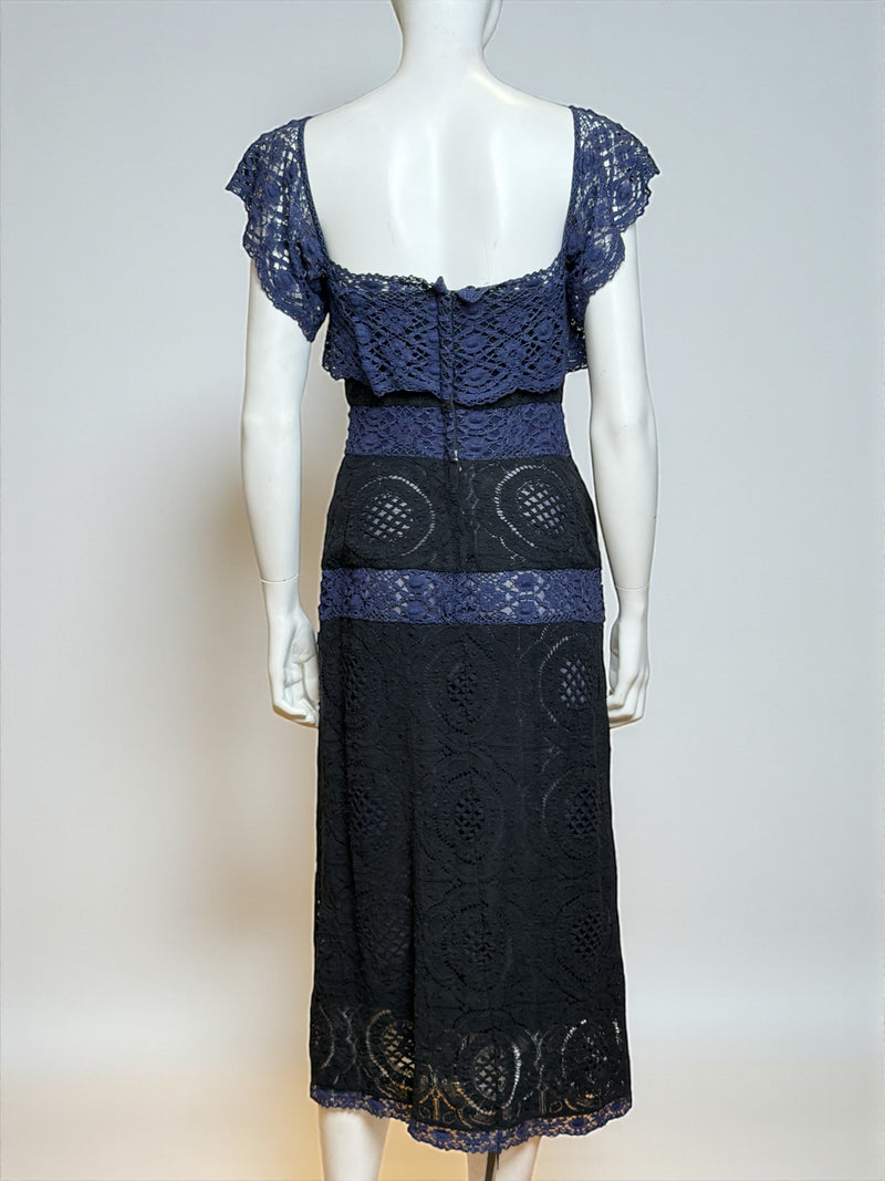 Close-up of lace cap sleeve and bodice seaming on Vivienne Westwood corseted dress