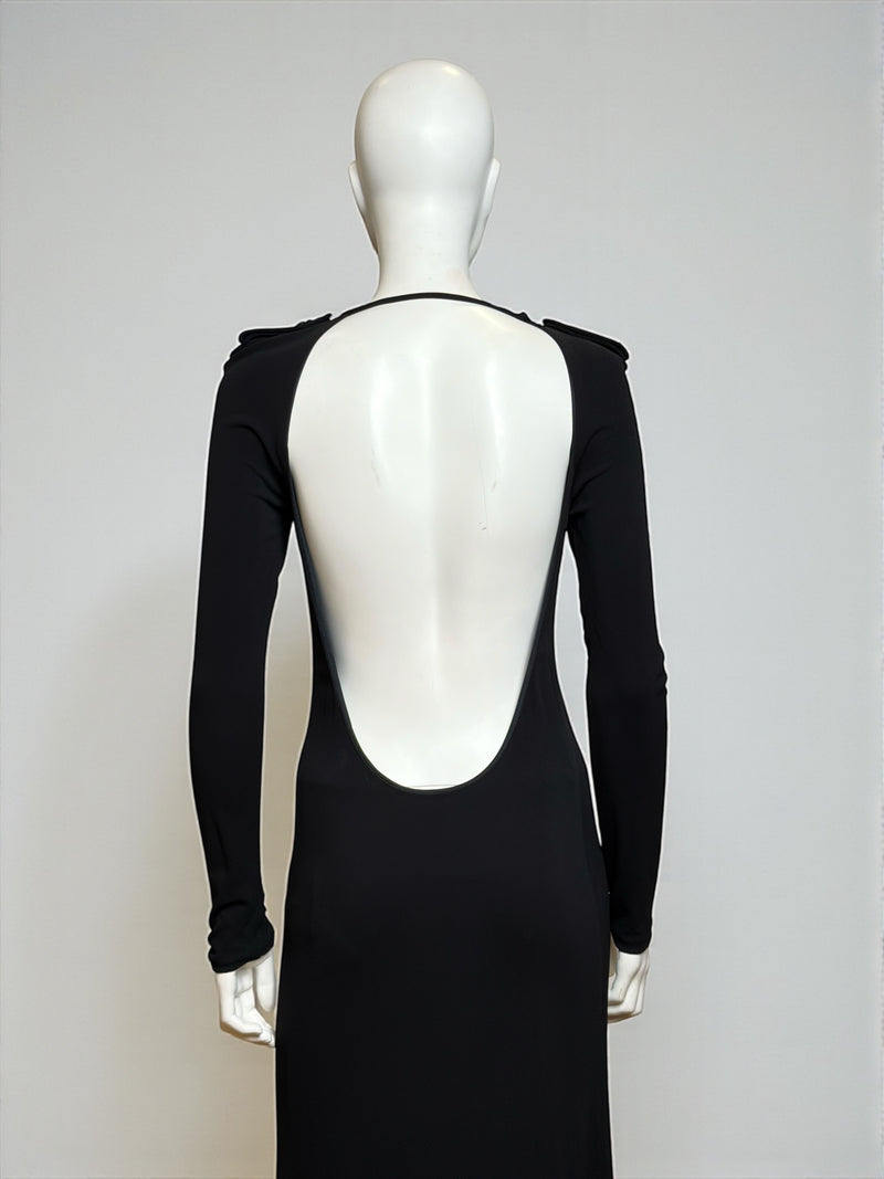 Black evening dress by Gucci Tom Ford, close-up of back opening and shoulder seam construction