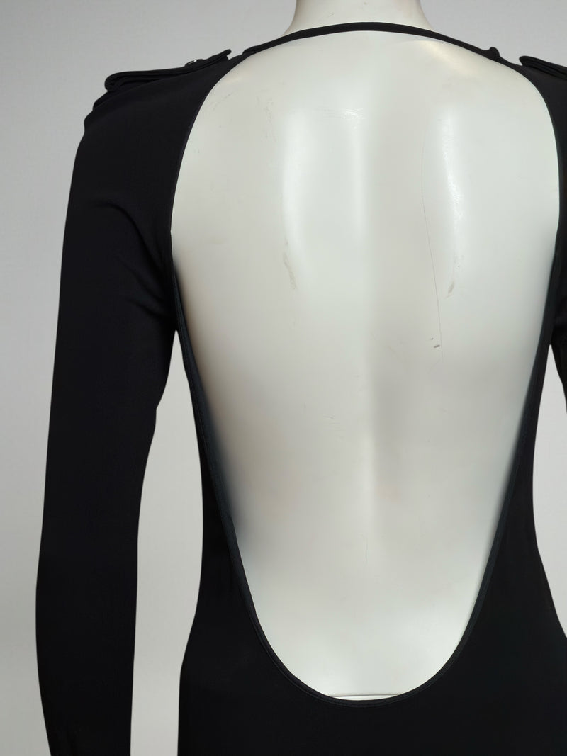Black evening dress by Gucci Tom Ford, detail of sleeve and backless shoulder line