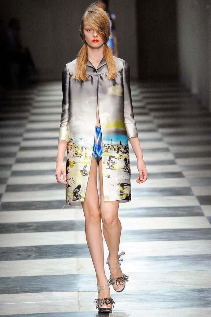 Runway presentation of Prada S/S 2010 tropical print halter dress on model