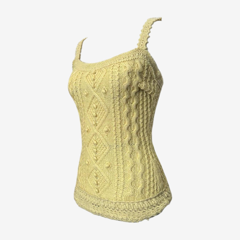Louis Vuitton cable knit tank top, side profile showing fitted silhouette and diamond cable motifs