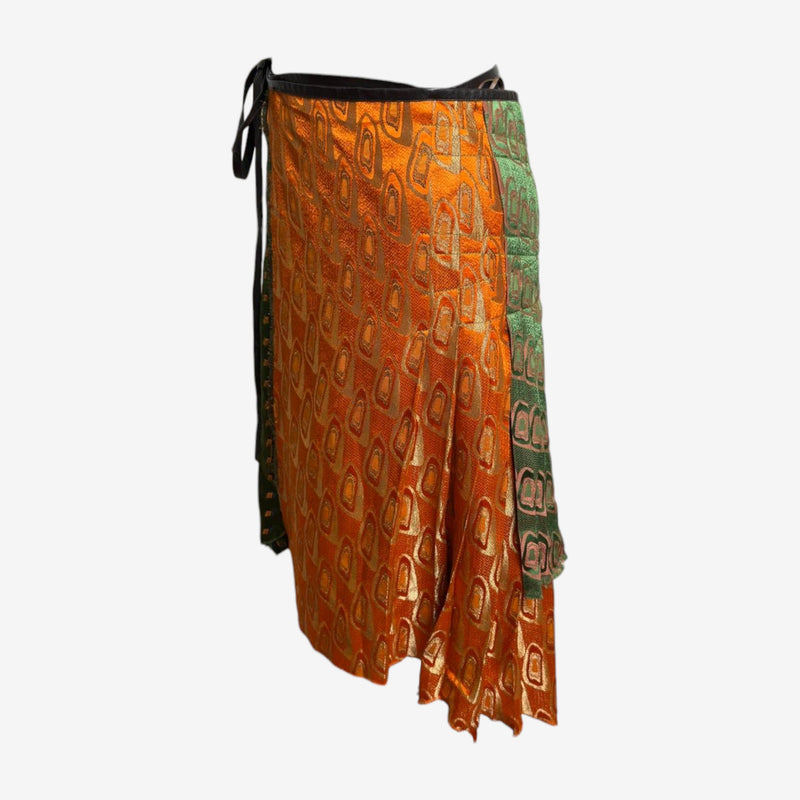 Jean Paul Gaultier silk brocade skirt, forest green panel with traditional woven geometric design