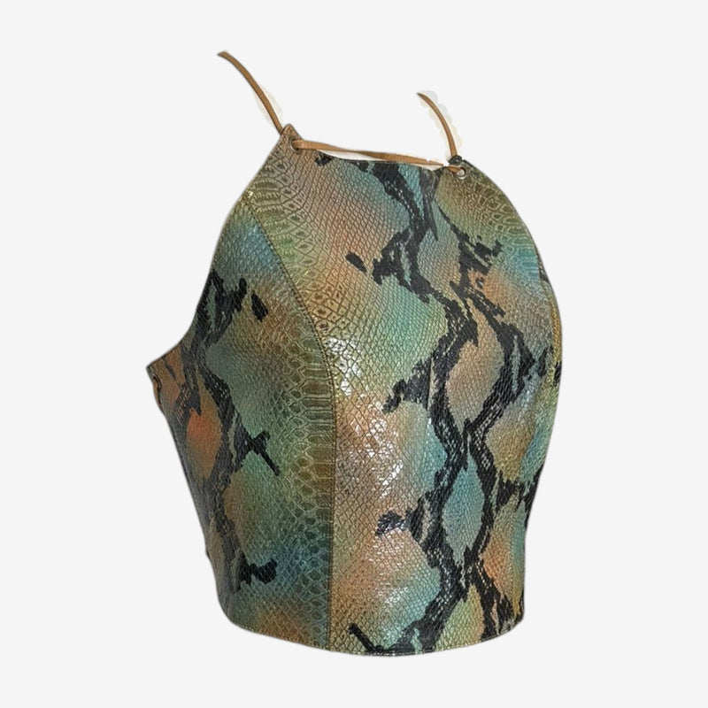 Python print leather halter top by Plein Sud, side profile showing fitted silhouette