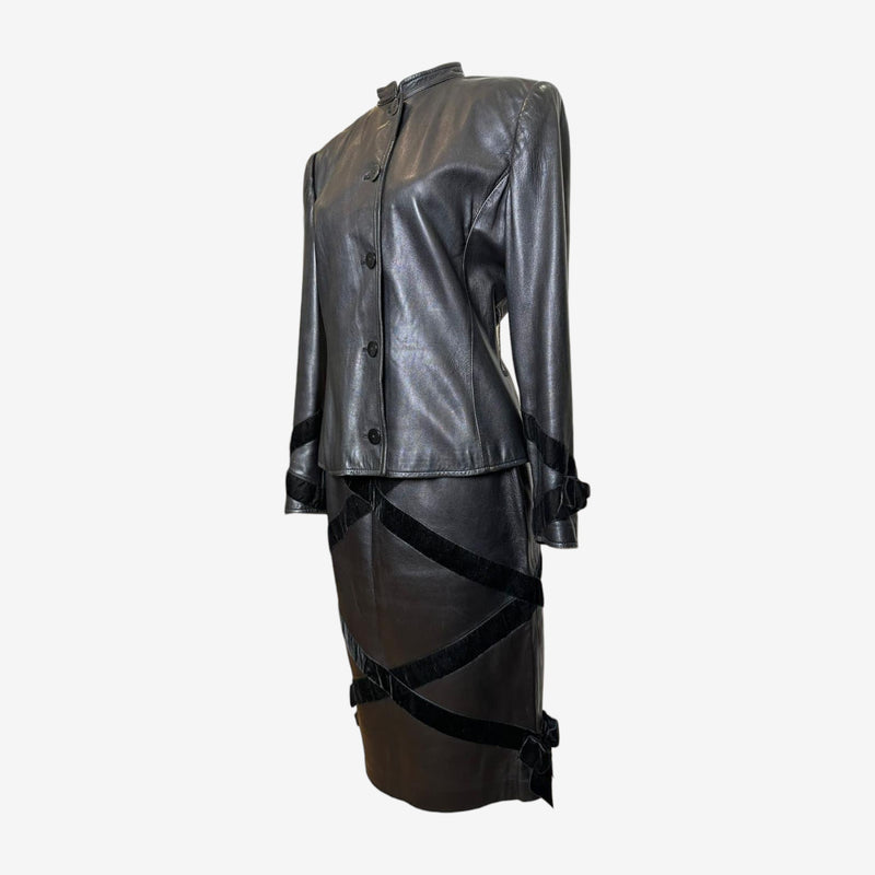 Black leather skirt by Valentino, geometric panel construction with contrasting textures
