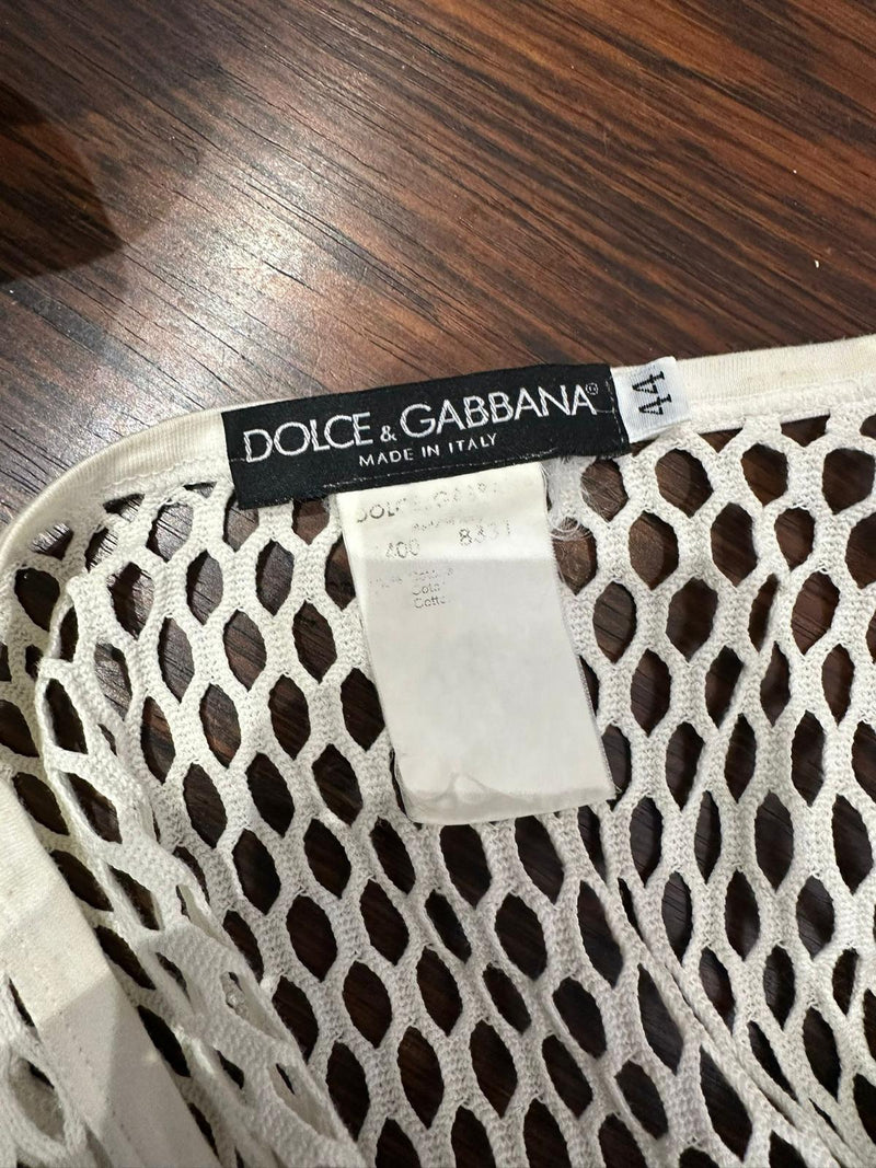 White cotton fishnet tank top by Dolce & Gabbana, ribbed trim detail at neckline
