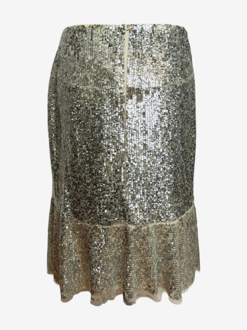 Metallic silver sequined fishtail skirt, mermaid silhouette