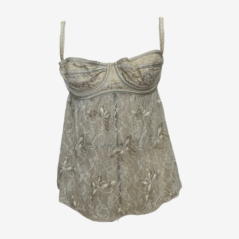 White lace bustier top by Dolce & Gabbana with metallic threading and floral pattern, front view