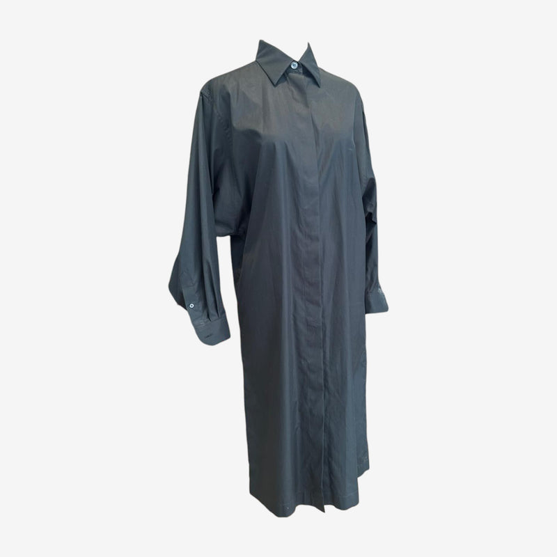 Charcoal cotton poplin shirt dress by Hermès designed by Martin Margiela, mid-calf length with button cuffs