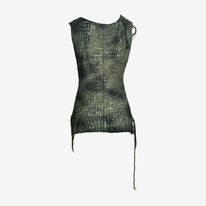 Junya Watanabe tank top back view, raw-edged armholes and asymmetrical distressed finish